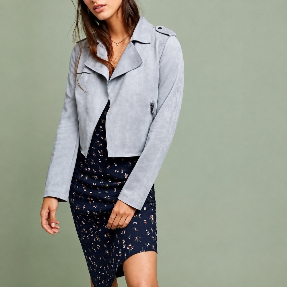 Anthropologie Expressway Moto Jacket XS Blue Gray Faux Suede Cropped Biker